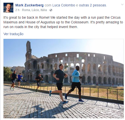 Mark Zuckerberg em Roma / Foto: Facebook pessoal
