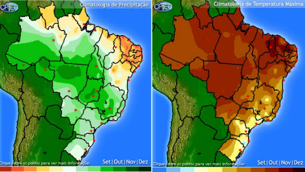 Climatologia de precipitação pluviométrica e temperaturas máximas / Fonte: CPTEC-INPE