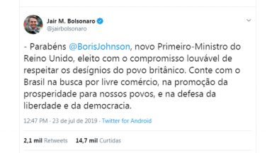 Bolsonaro parabeniza novo primeiro-ministro britânico