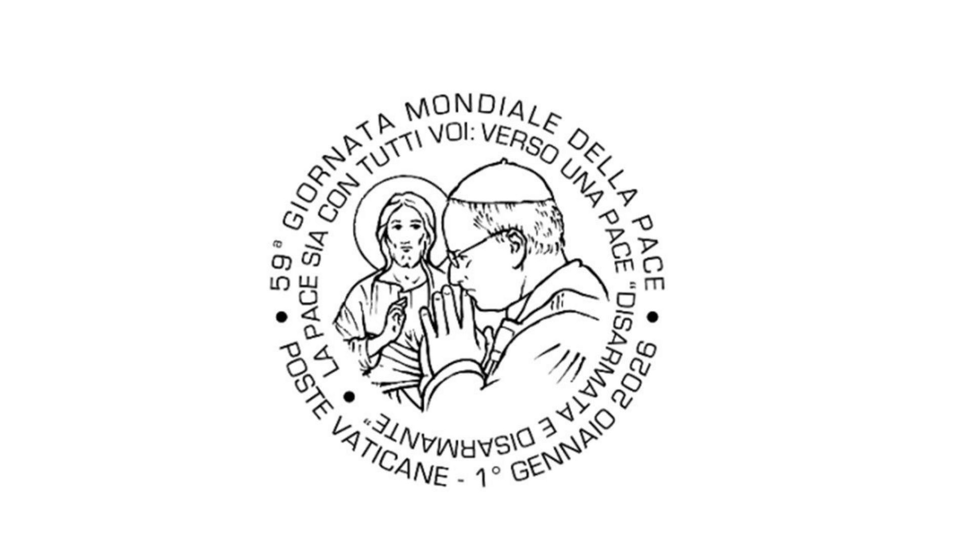 Um desenho gráfico ilustra o Papa Leão XIV com as mãos unidas em oração; ao fundo, a imagem de Jesus Cristo. A imagem é rodeada por escritos com o tema do Dia Mundial da Paz de 1º de janeiro de 2026