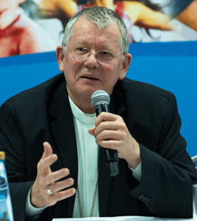 o cardeal jaime spengler segura um microfone na mão e gesticula com a outra