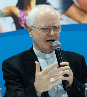 Cardeal Odilo Scherer aparece sentado falando ao microfone      