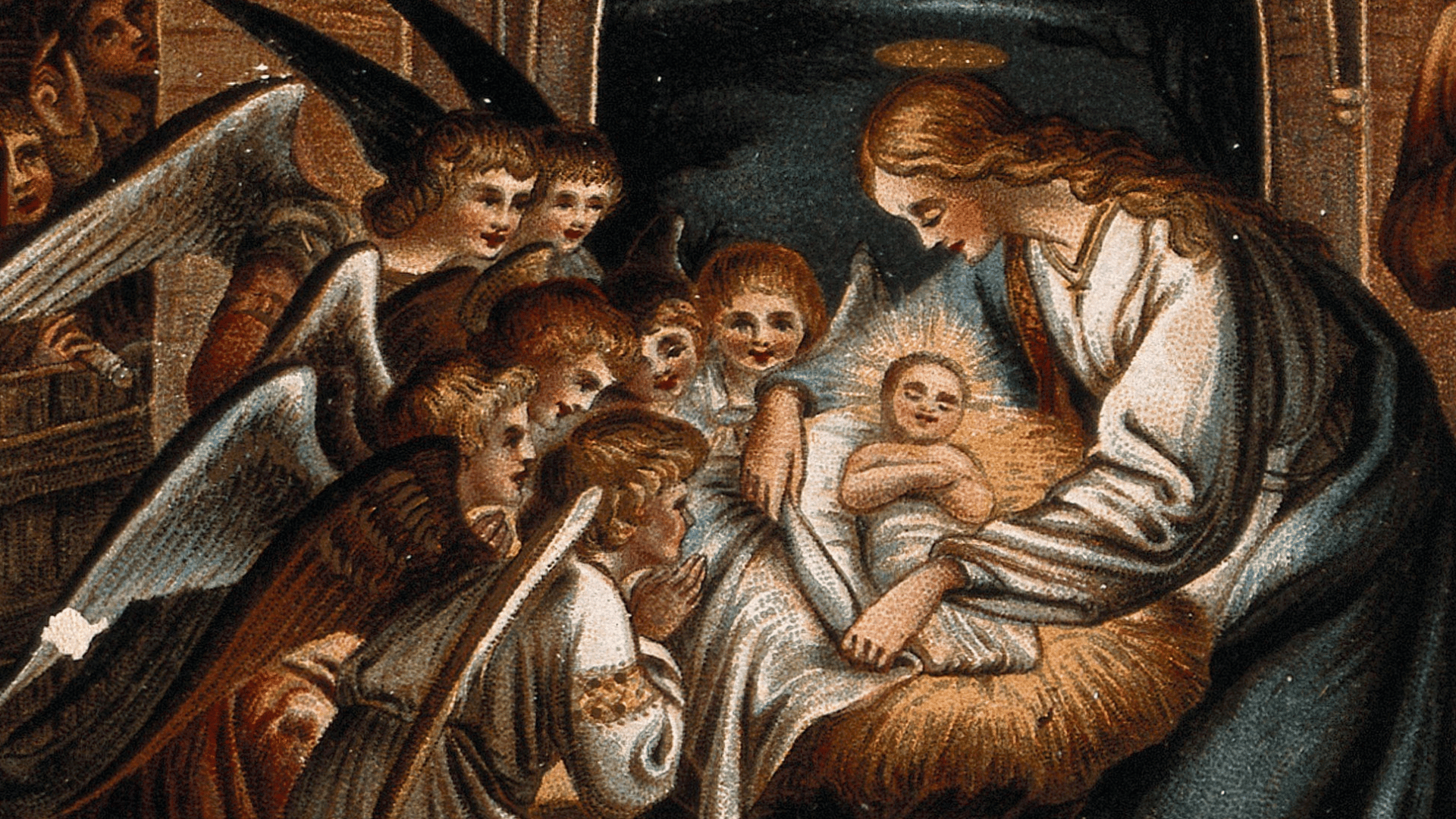 A imagem é o recorte de uma pintura que retrata o nascimento de Jesus Cristo. Além do Menino Jesus na manjedoura, é possível ver sua mãe, a Virgem Maria, e sete anjos o contemplando.