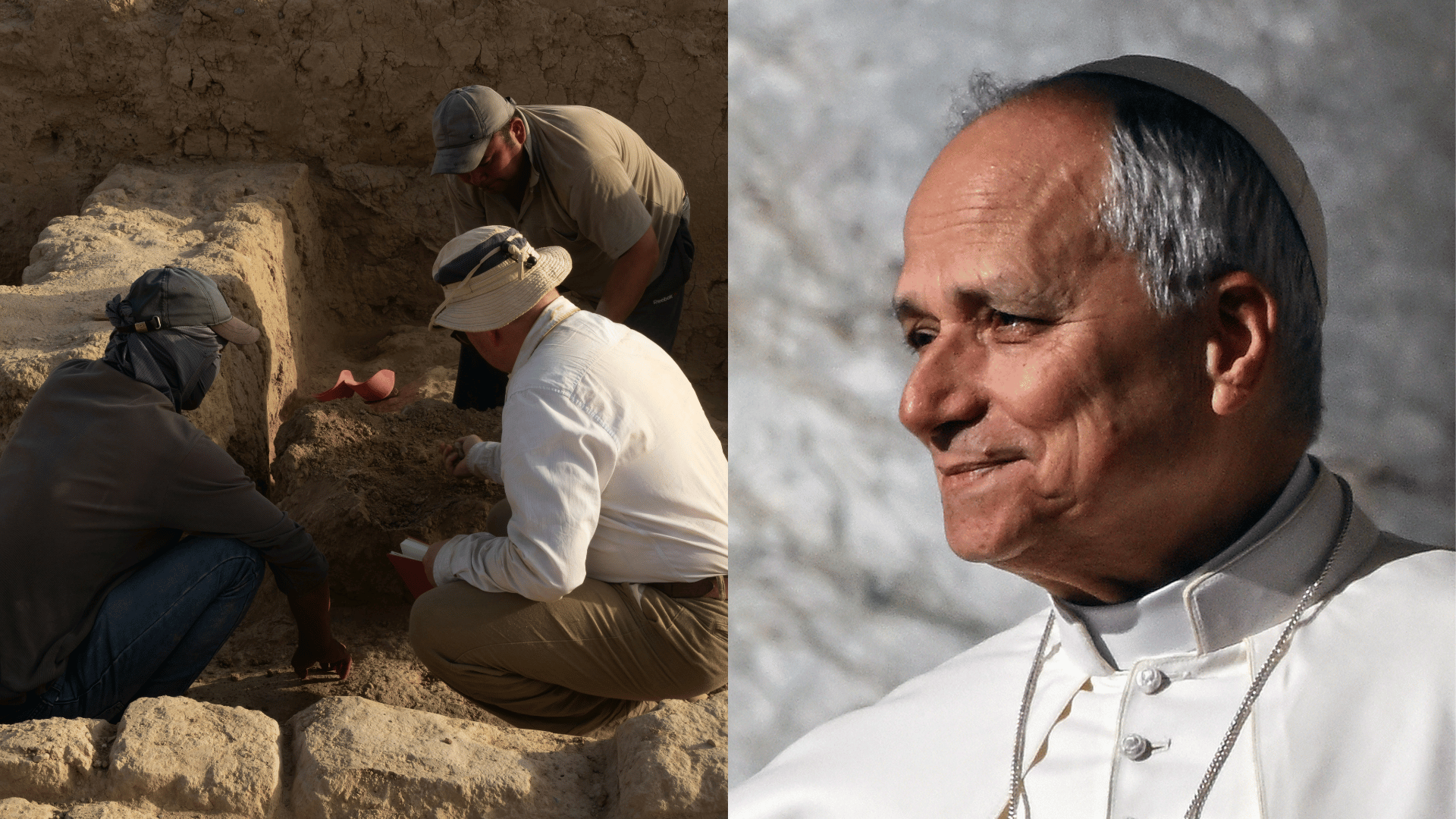 A arqueologia é um instrumento precioso de evangelização, diz Papa Leão XIV A imagem é composta por duas fotos: à esquerda, estão três homens agachados em um sítio arqueológico, observando uma porção de terra na mão de um deles; À direita, está o Papa Leão XIV, de perfil, com uma expressão serena.
