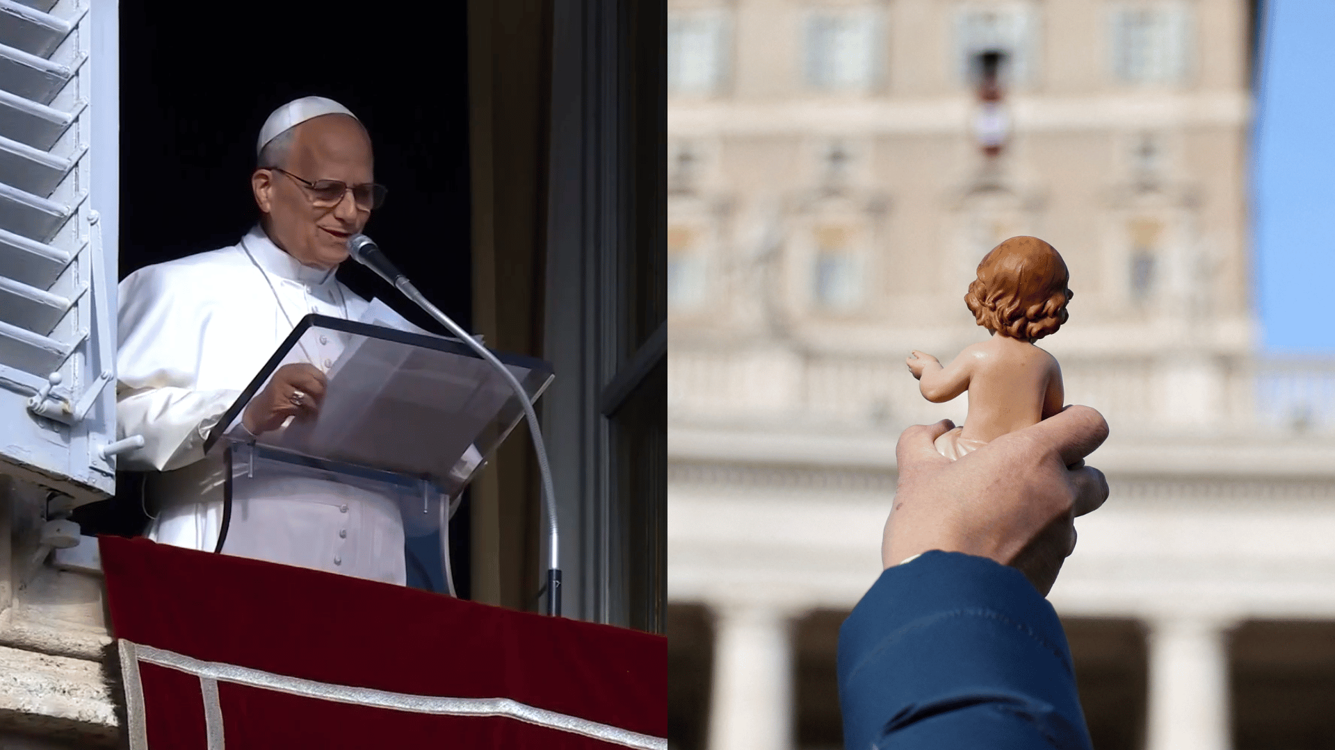 A imagems está dividida em duas partes: à esquerda está o Papa Leão XIV, com suas habituais vestes pontifícias brancas, diante de um microfone e um púlpito no para-peito de uma das janelas do Palácio Apostólico, no Vaticano; à direita está uma mão erguendo uma imagem do Menino Jesus, vista de costas, diante da janela do Palácio Apostólico na qual apareceu o Papa.