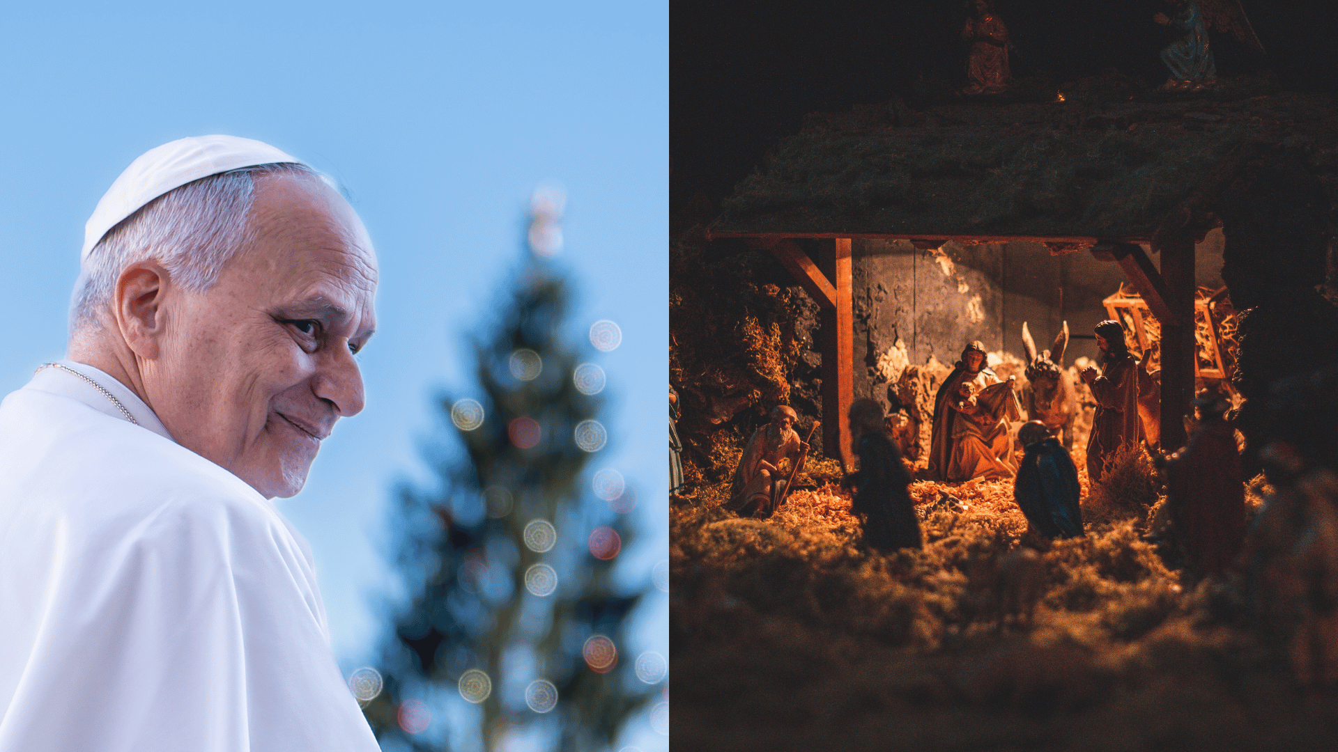 A imagem é uma montagem composta por duas fotos: à esquerda está o Papa Leão XIV, com suas habituais vestes pontifícias, e uma árvore de Natal ao fundo contrastando com o céu azul; à direita está um presépio com as imagens dispostas sob um pequeno telhado de madeira e com luz amarela ao fundo.