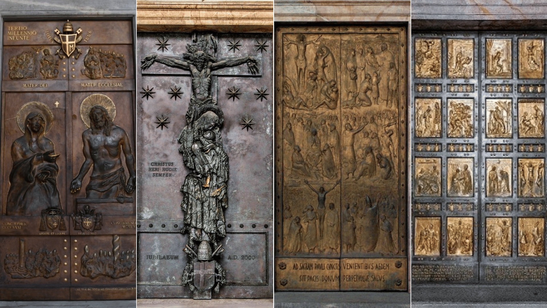 Montagem com quatro portas santas de basílicas papais, vistas de frente. Da esquerda para a direita: a primeira mostra figuras de Maria e Cristo com inscrições em latim; a segunda traz um grande Cristo crucificado em alto-relevo; a terceira é composta por cenas bíblicas esculpidas em painéis verticais; a quarta exibe vários painéis menores com episódios da vida de Cristo. As portas têm tons dourados e escuros, com aparência histórica e artística.