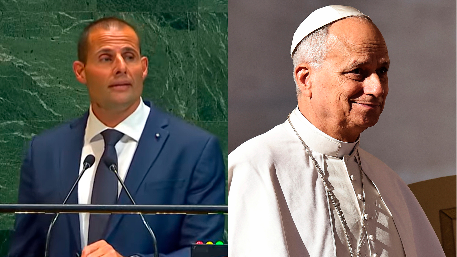 À esquerda, trajando um terno, diante de um microfone, o Primeiro-Ministro de Malta, Robert Abela; à esquerda, em suas vestimentas tradicionais, o Papa Leão XIV