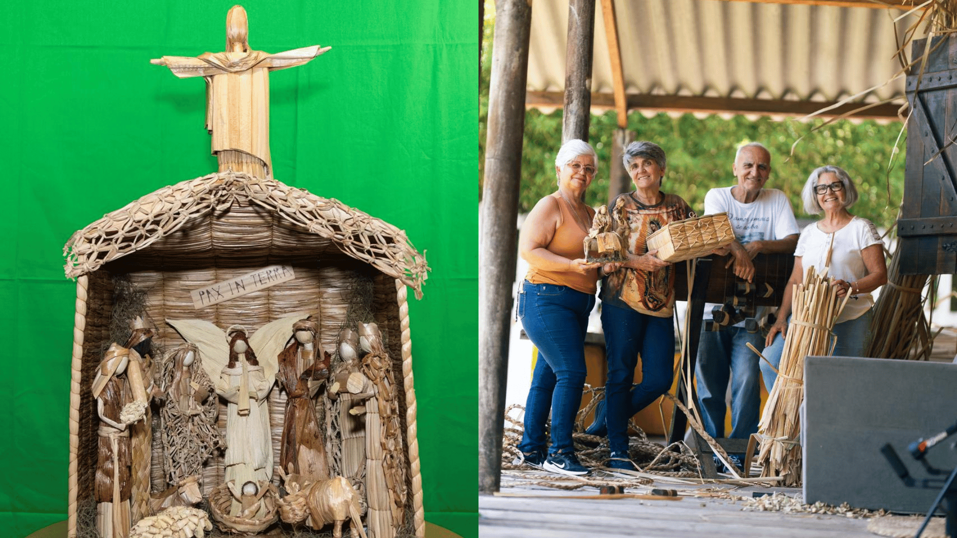 Presépio artesanal feito com fibras naturais ao lado dos artesãos responsáveis pela criação da obra