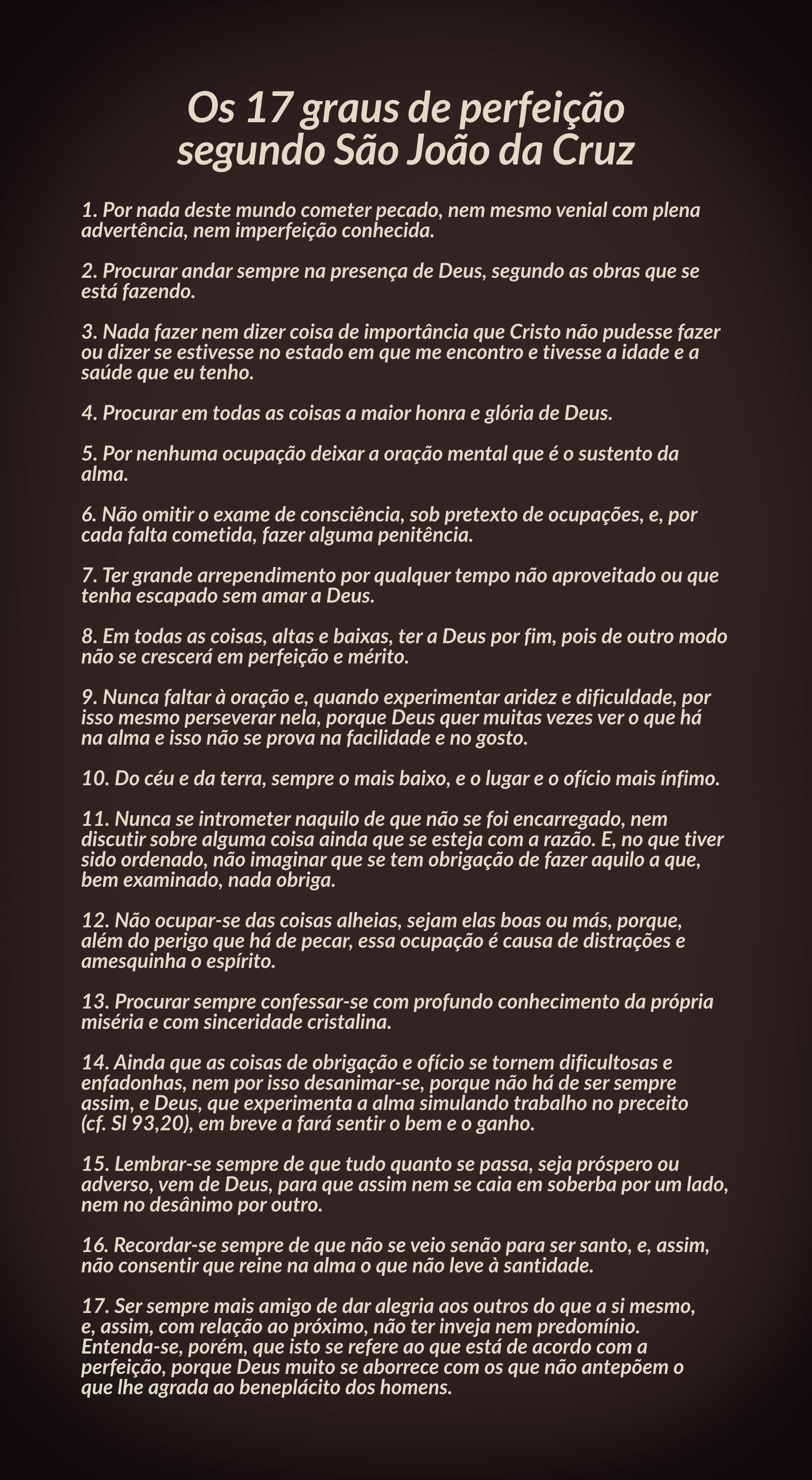 A imagem contém um bloco de texto cujo título é "Os 17 graus de perfeição segundo São João da Cruz", seguido pela descrição destes 17 graus.