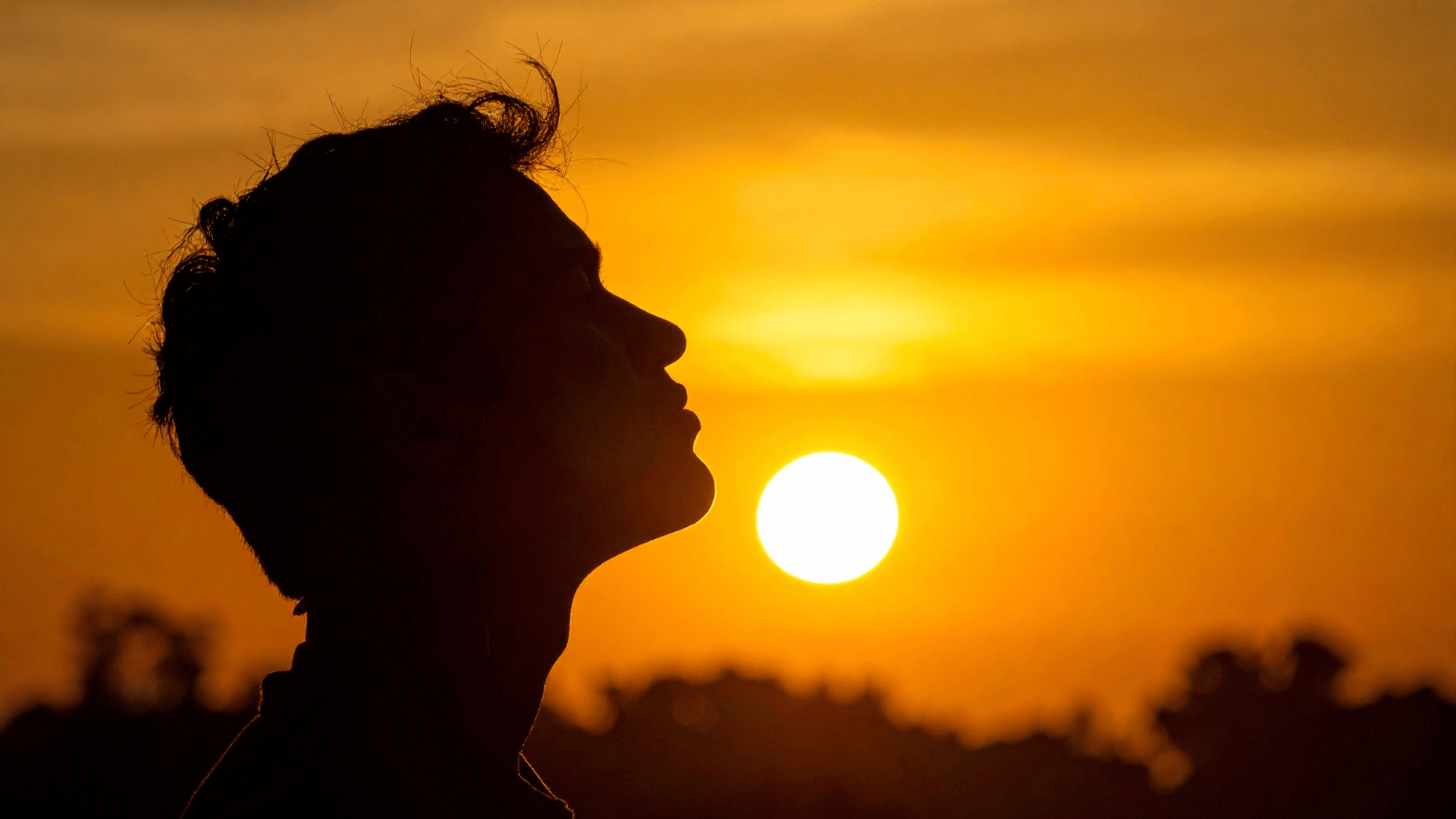 A imagem ilustra a silhueta de um jovem, de perfil, contrastando com o pôr do sol.