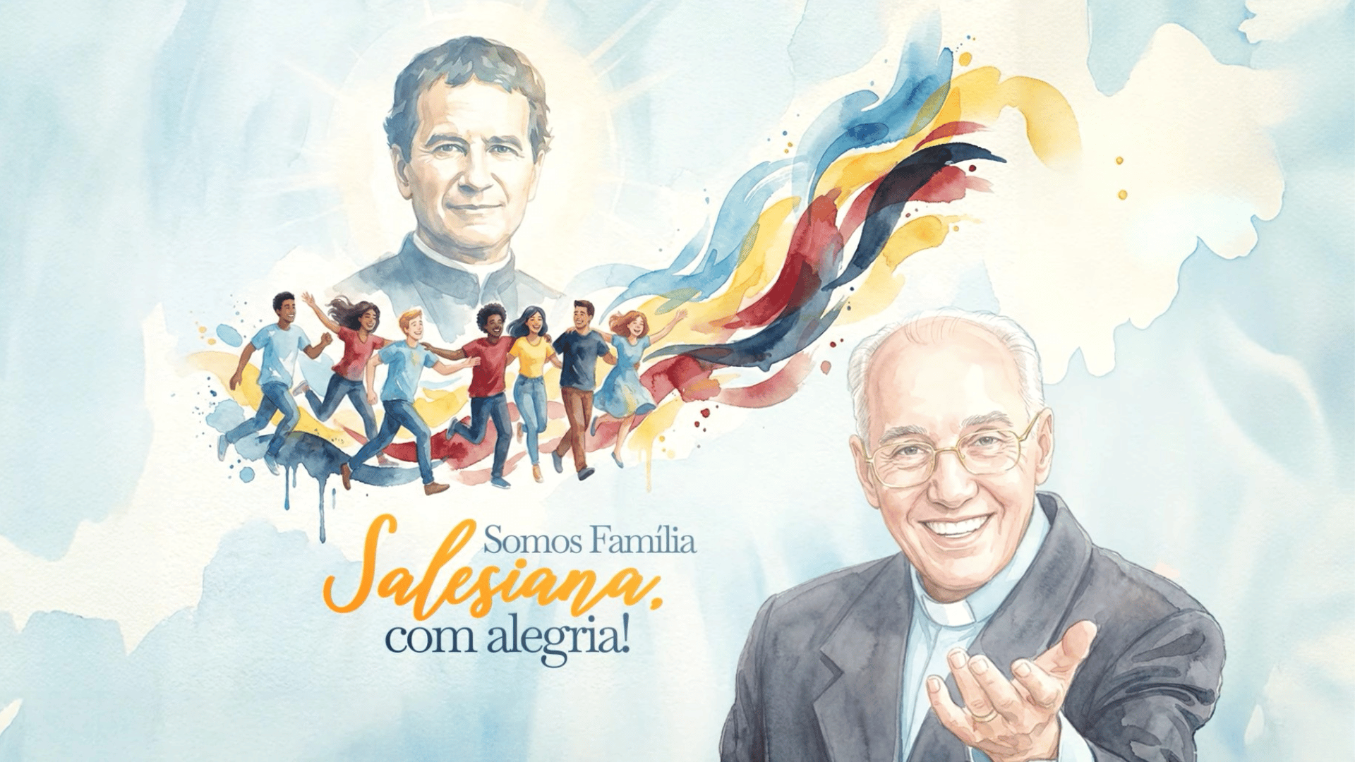 A imagem é uma montagem em estilo aquarelado que apresenta a imagem de Dom Bosco no topo, com um grupo de sete jovens correndo à sua frente, e uma foto do Padre Jonas Abib na parte inferior. Também está presente a inscrição "Somos Família Salesiana, com alegria!".