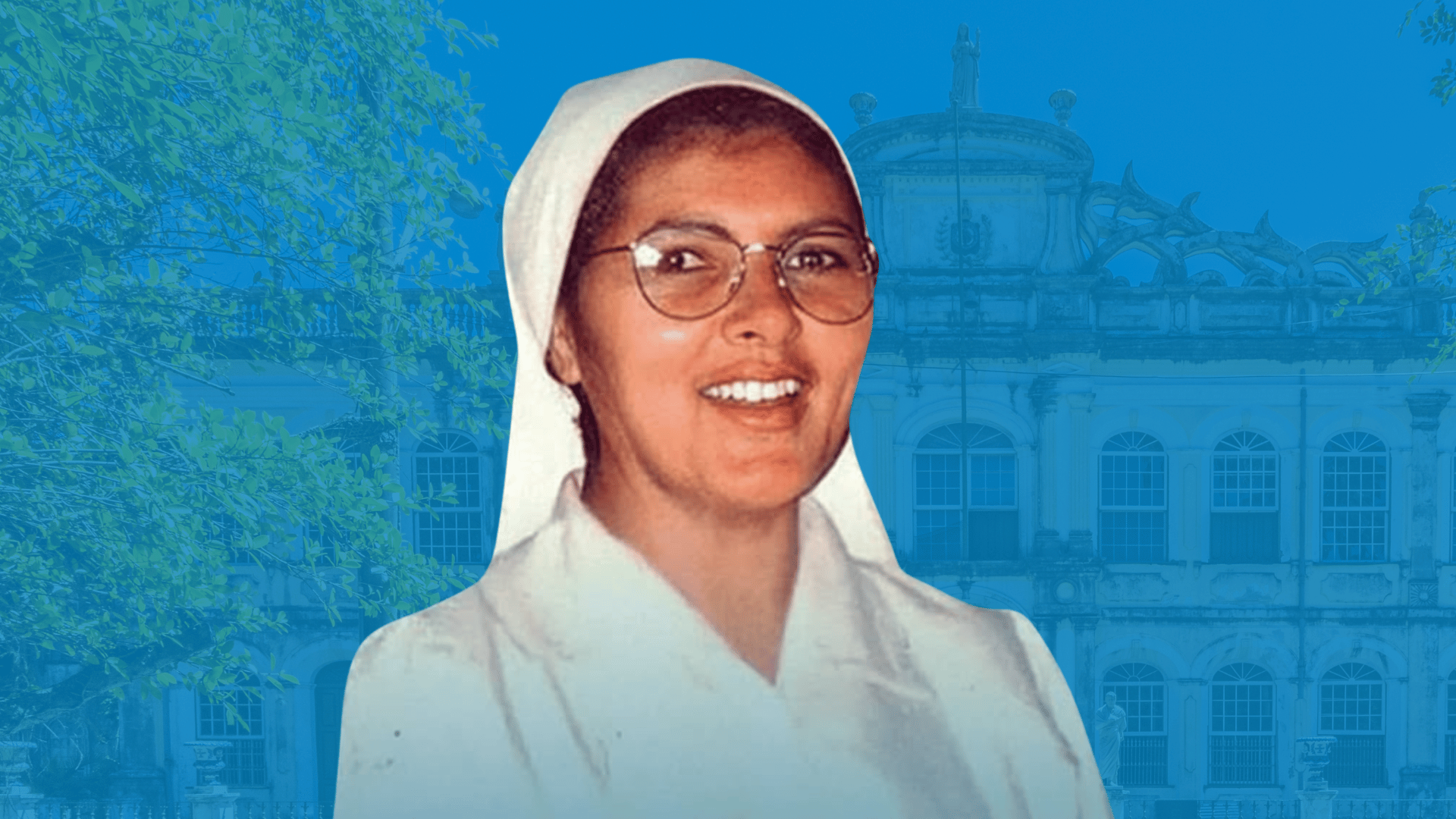 A imagem ilustra a Beata Lindalva Justo de Oliveira. Ao fundo, vê-se o Abrigo Dom Pedro II, em Salvador (BA), onde a religiosa trabalhou e foi morta.