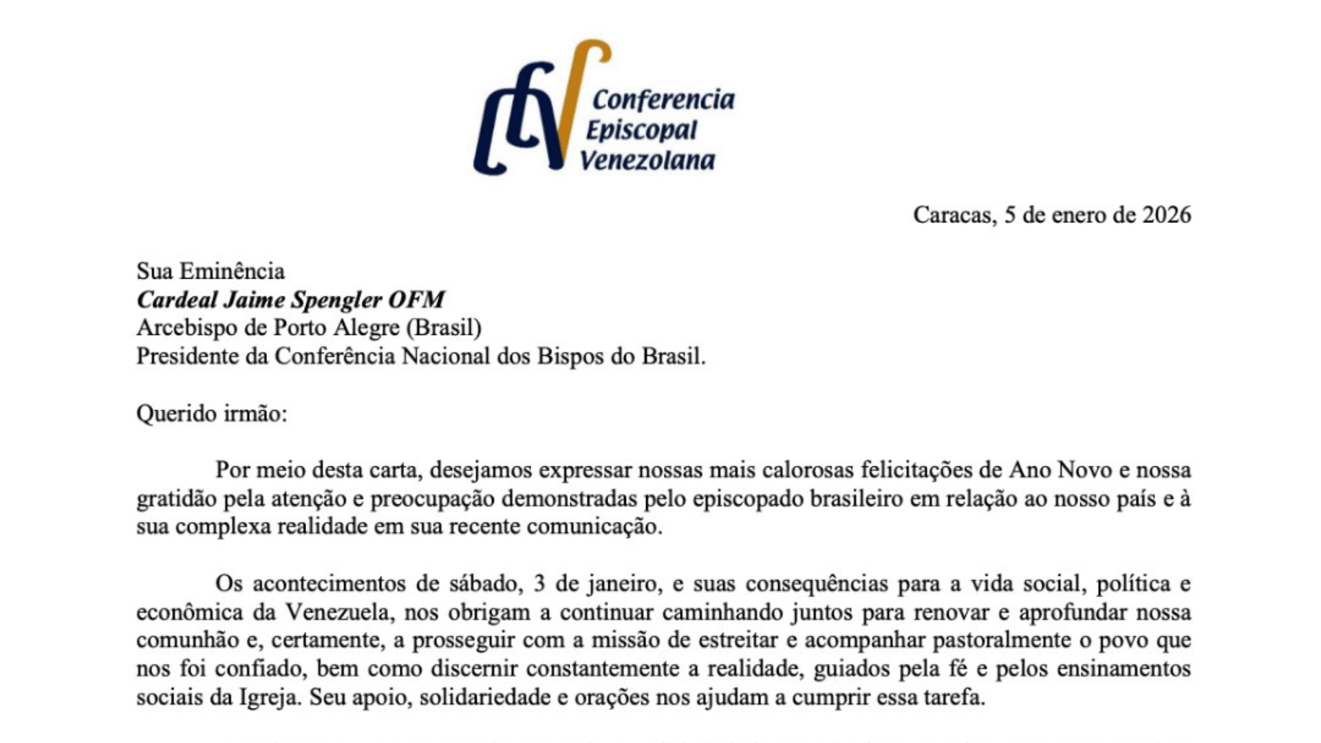 Trecho da carta dos bispos venezuelanos em resposta à CNBB A imagem é o recorte de um printscreen de uma carta da Conferência Episcopal Venezuelana enviada à Conferência Nacional dos Bispos do Brasil.