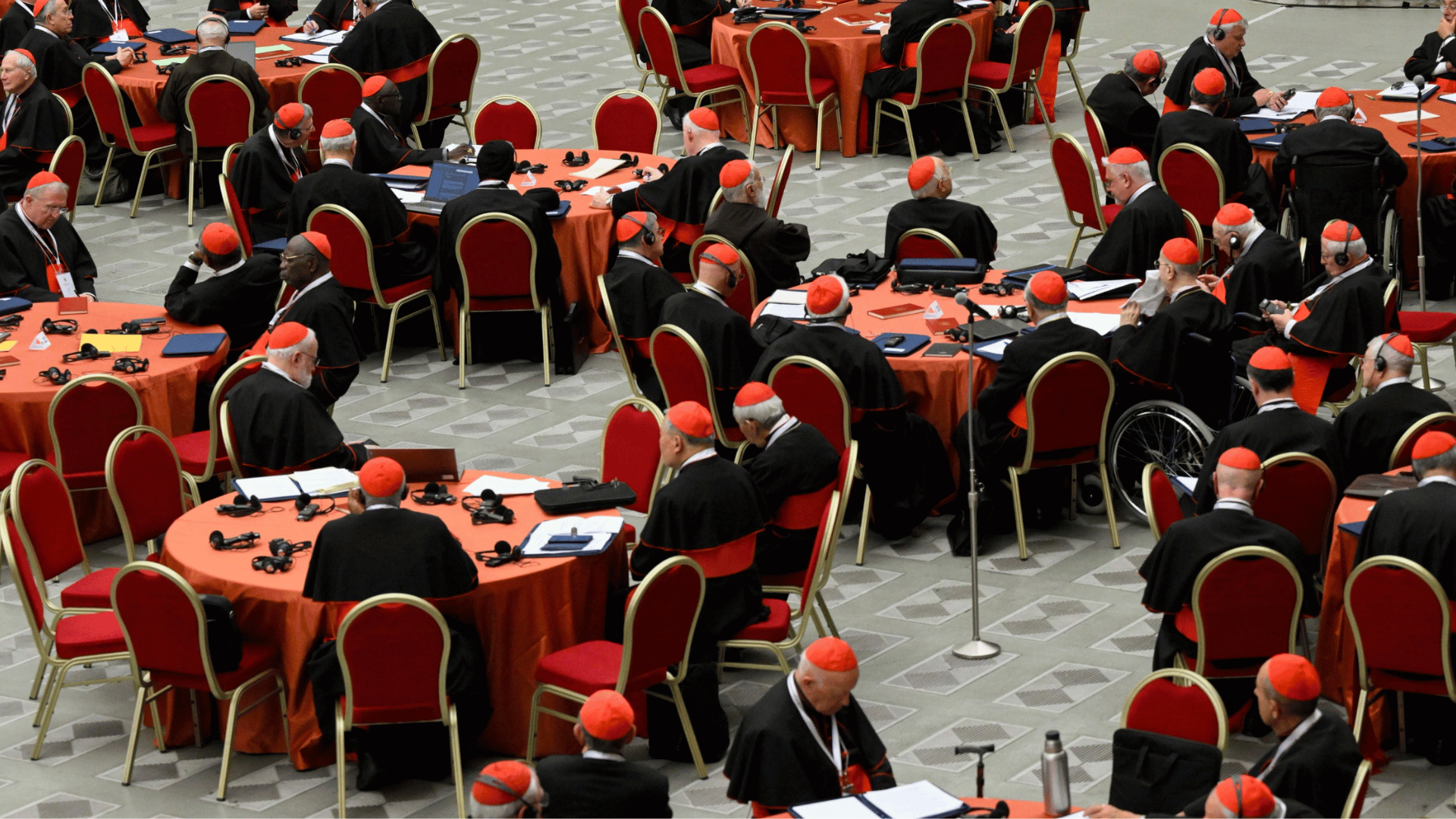 A imagem ilsutra diversos cardeais, trajados com suas vestes habituais. Eles estão sentados ao redor de mesas circulares, com toalhas vermelhas, na Sala Paulo VI, no Vaticano.
