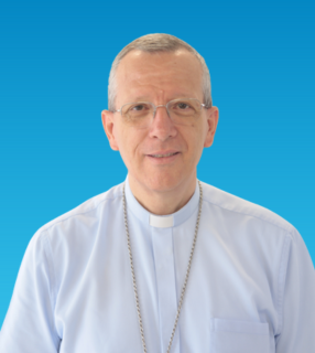 A imagem ilustra um bispo católico. É um homem de pele branca e cabelo curto grisalho, vestindo óculos e uma clérgima branca.