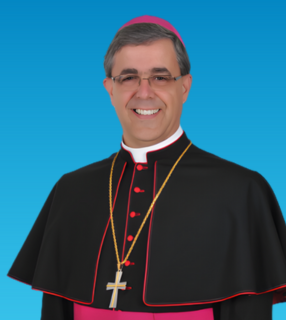 A imagem ilustra um bispo católico. Ele é um homem branco, com cabelos grisalhos, óculos e as habituais vestes episcopais.