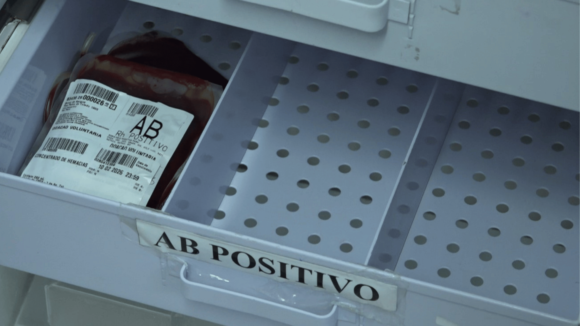 A imagem mostra uma espécie de gaveta que contém duas divisórias vazias e apenas uma contendo uma bolsa de sangue