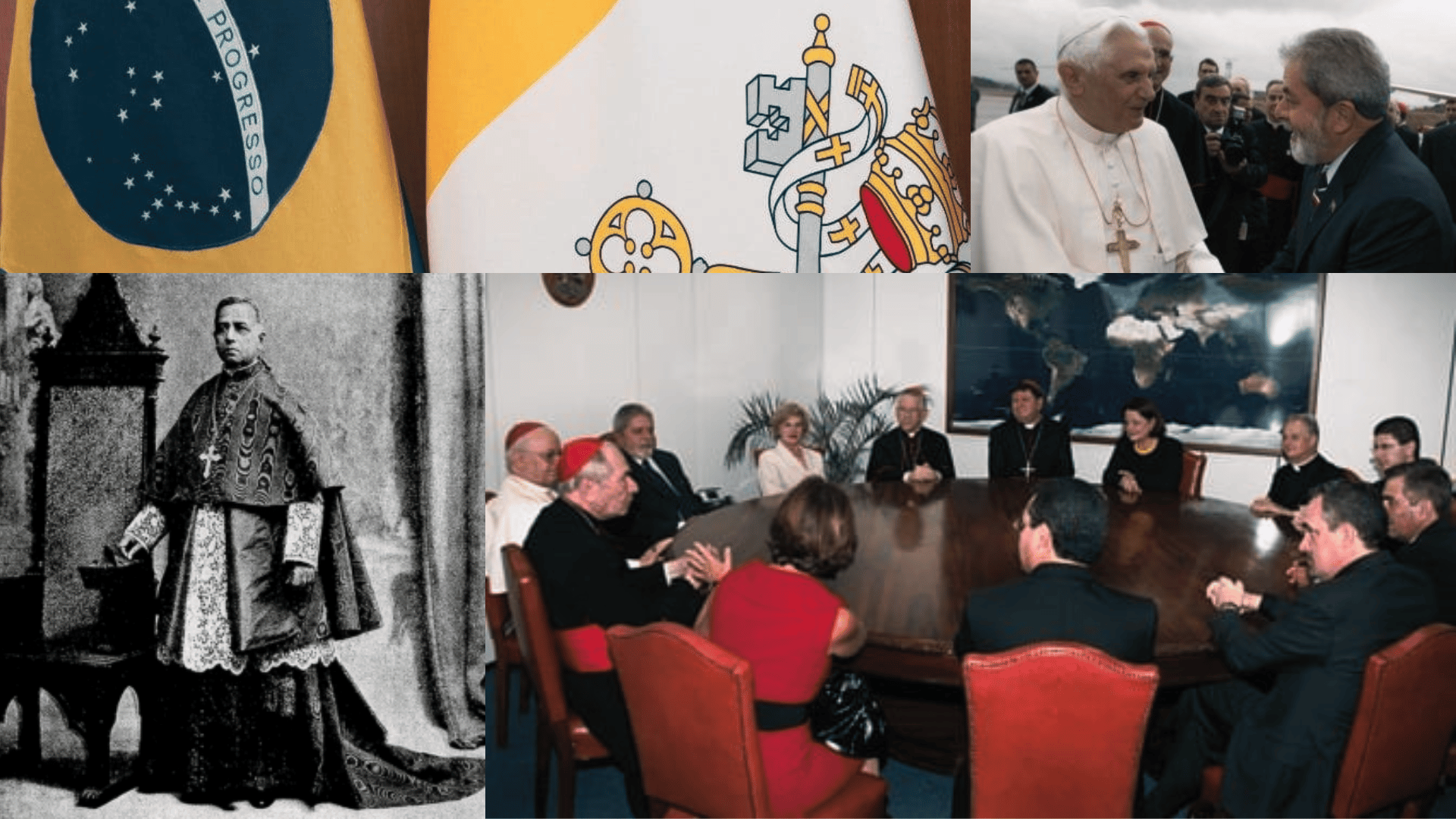 Montagem com imagens históricas e contemporâneas relacionadas às relações entre Brasil e Santa Sé, incluindo detalhes das bandeiras, encontro entre autoridades religiosas e civis, fotografia histórica de eclesiástico e reunião institucional.