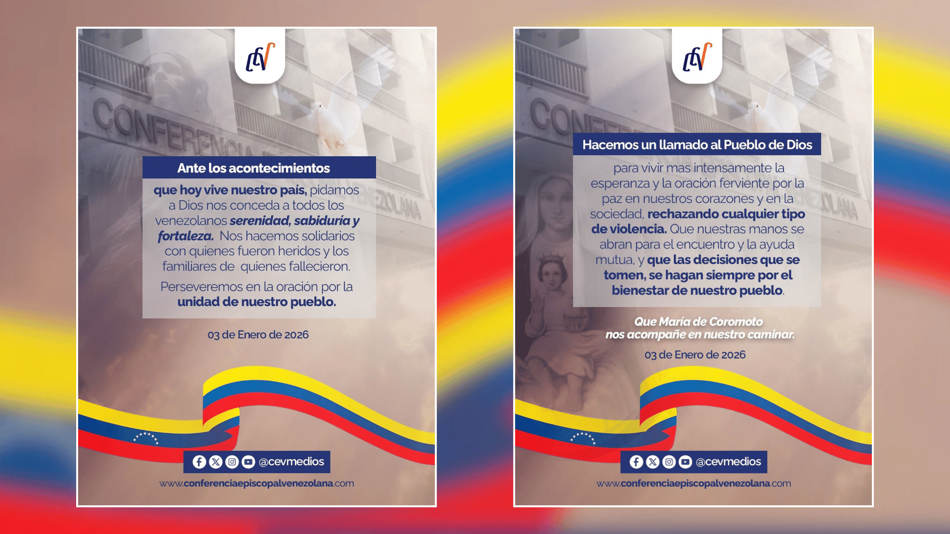 A imagem é um montagem com duas notas publicadas pela Conferência Episcopal Venezuelana em suas redes sociais.