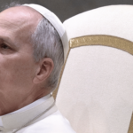 Papa Leão XIV sentado em cadeira branca, usando a tradicional veste branca e solidéu, com expressão serena durante Audiência Geral na Sala Paulo VI, no Vaticano