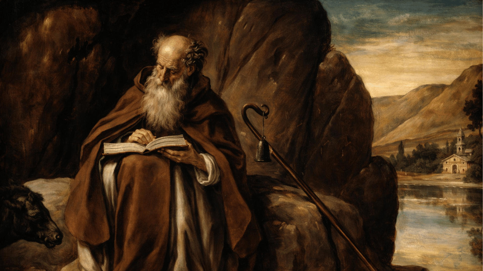 Pintura em estilo barroco retratando Santo Antão, vestido com hábito marrom, sentado entre rochas no deserto e lendo a bíblia, com um cajado apoiado ao lado e uma paisagem com igreja ao fundo.