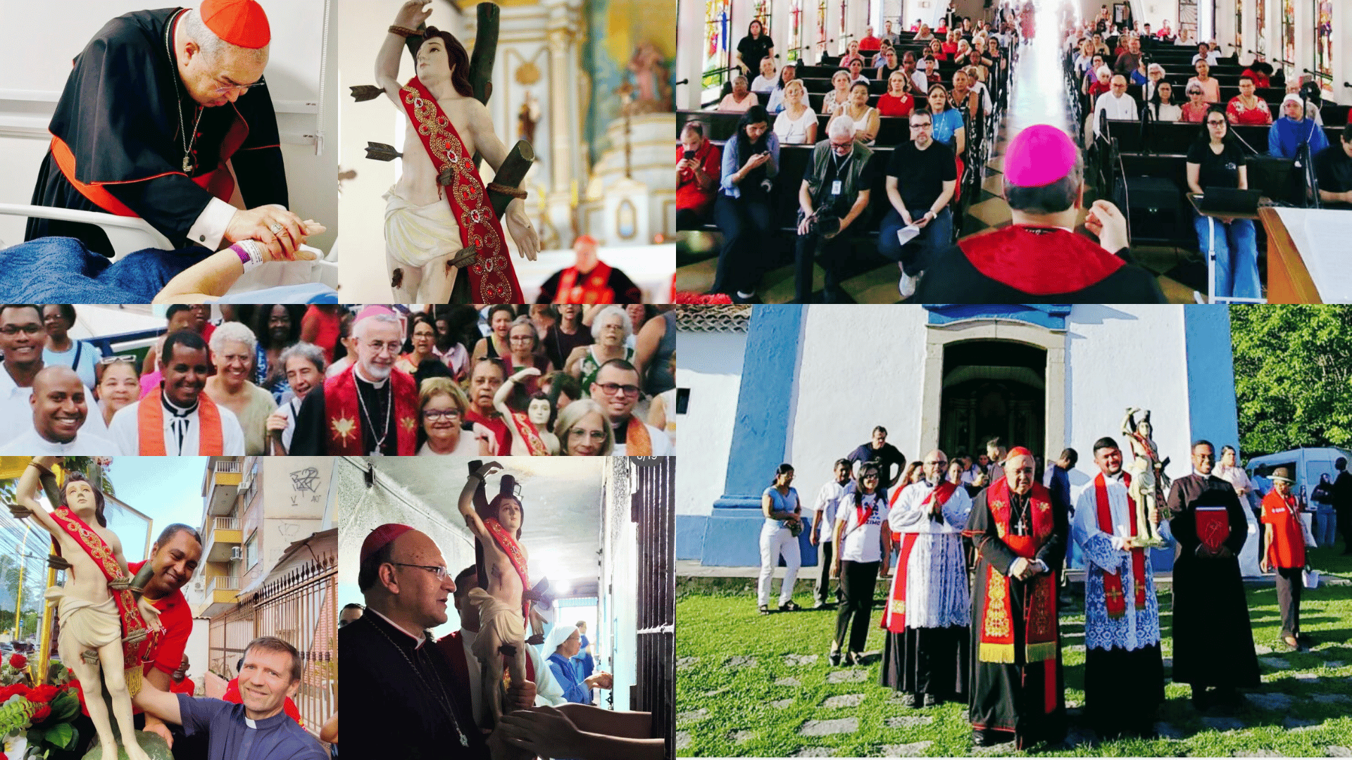 Montagem de imagens mostra momentos da Trezena de São Sebastião no Rio de Janeiro, com cardeal e clérigos em celebrações, procissões, orações com fiéis e a imagem do santo em diferentes comunidades.