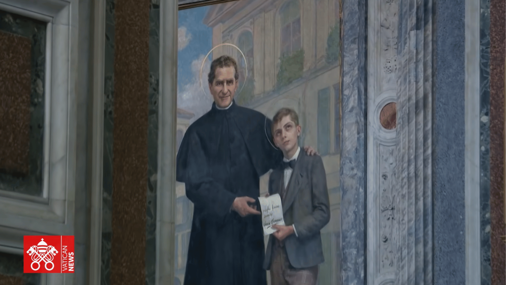 imagem de Dom Bosco ao lado de um jovem