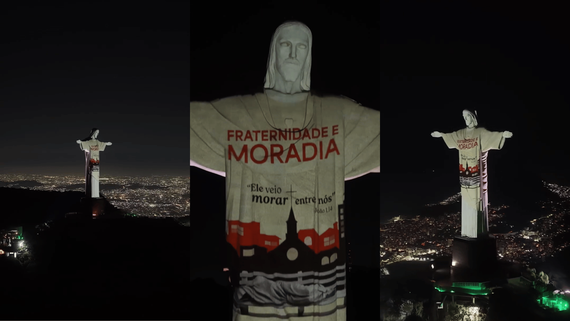 A imagem é constituída por três fotos, de diferentes ângulos, do Cristo Redentor com o cartaz da Campanha da Fraternidade 2026 projetado nele.