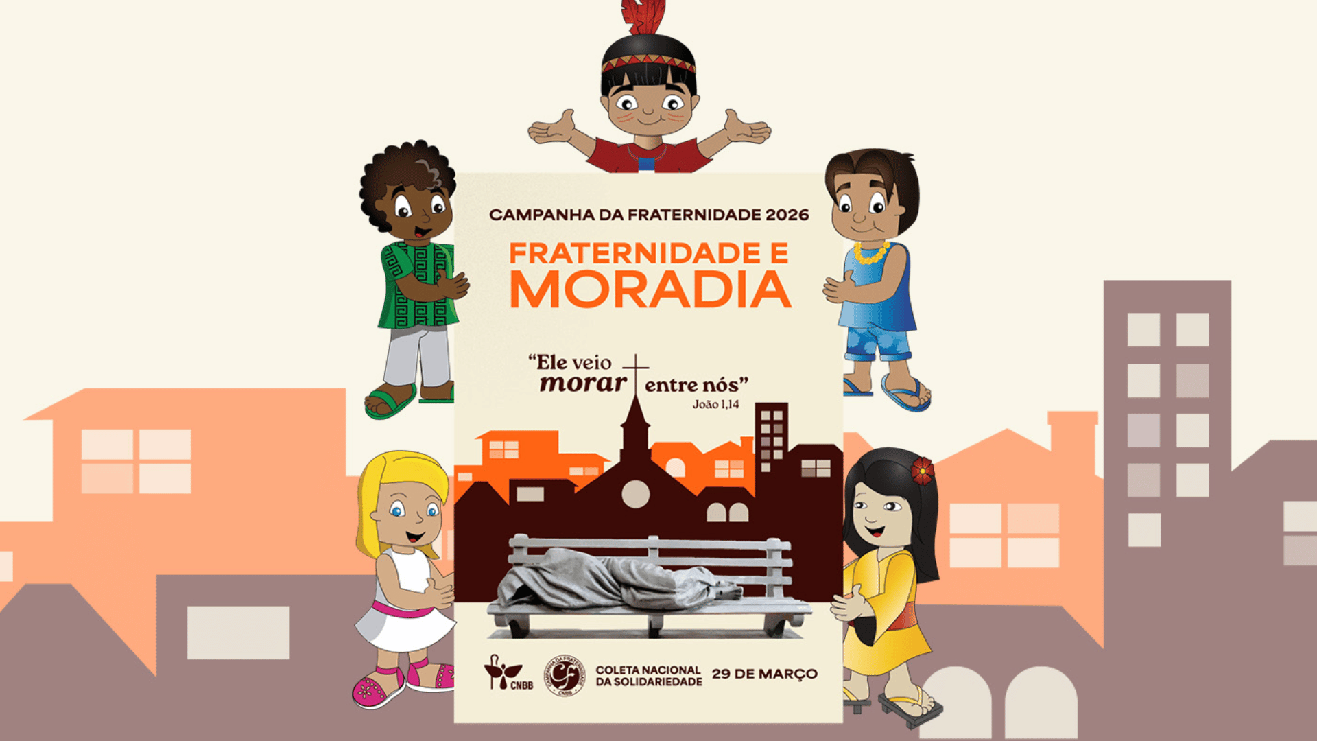 A imagem ilustra cinco personagens infantis, ligados à Infância e Adolescência Missionária, ao redor do cartaz da Campanha da Fraternidade 2026.