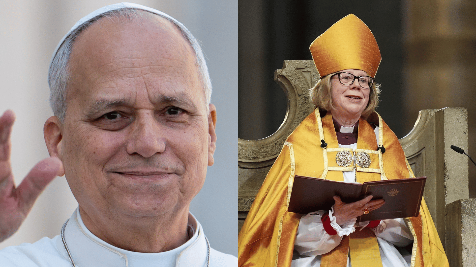 Montagem de fotos do Papa Leão XIV, vestido com os tradicionais paramentos brancos, e da nova arcebispa de Cantuária, Sarah Mullally, paramentada com vestes anglicanas.