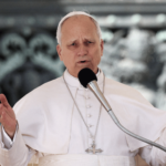 Papa vestido de branco fala ao microfone durante catequese, com as mãos abertas em gesto de explicação, em ambiente externo no Vaticano.
