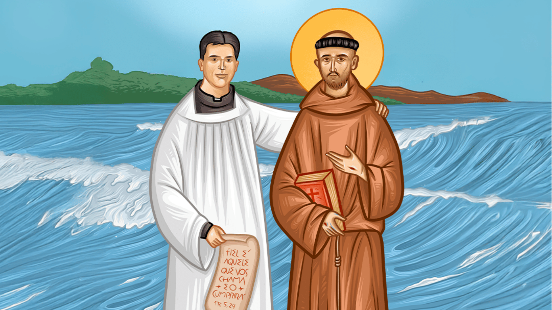 Ilustração do Venerável Guido Schäffer ao lado de São Francisco de Assis, diante do mar, divulgando o evento D.I.A. na Praia 2026 no Rio de Janeiro.