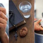 Mãos em oração, Bíblia com terço e pão com água ao centro, e gesto de caridade ao servir comida, representando oração, jejum e caridade na Quaresma