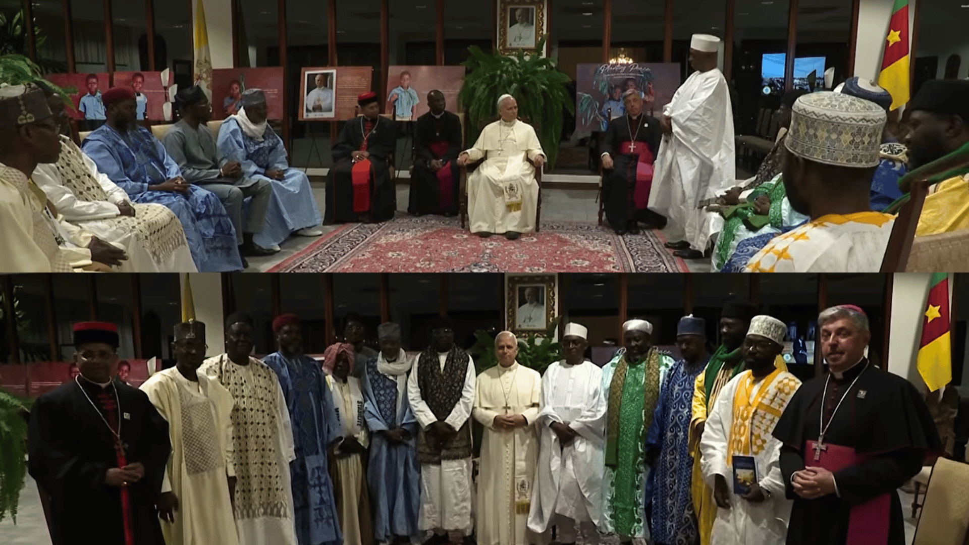 Montagem com duas imagens mostra o Papa reunido com líderes muçulmanos e representantes religiosos em encontro durante viagem apostólica.