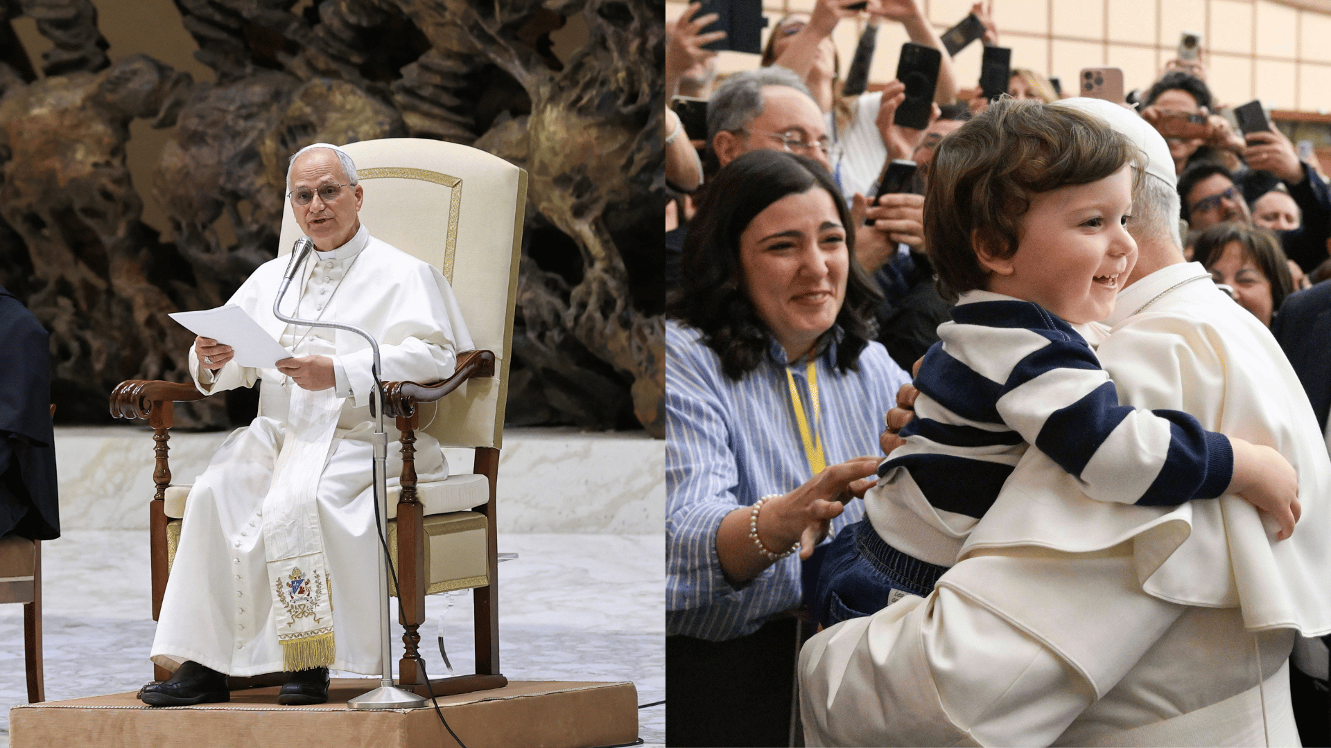 Papa durante discurso aos professores reunidos na Sala Paulo VI, no Vaticano, para audiência; Papa cumprimenta fiéis com criança em seu colo.