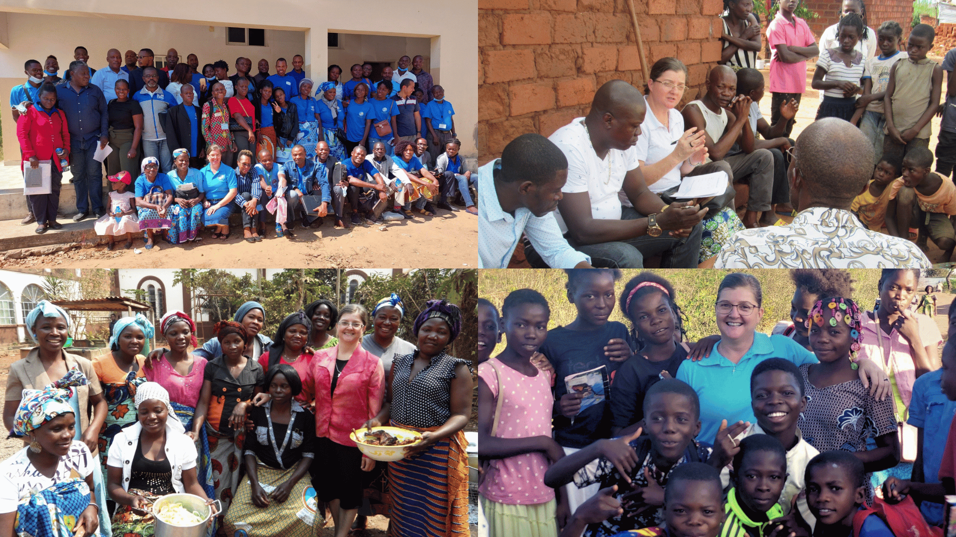 Imagens mostram Irmã Neide em Angola com comunidades locais: grupo reunido em frente a prédio, encontro de partilha com moradores, mulheres reunidas com alimentos e missionária cercada por crianças sorridentes.