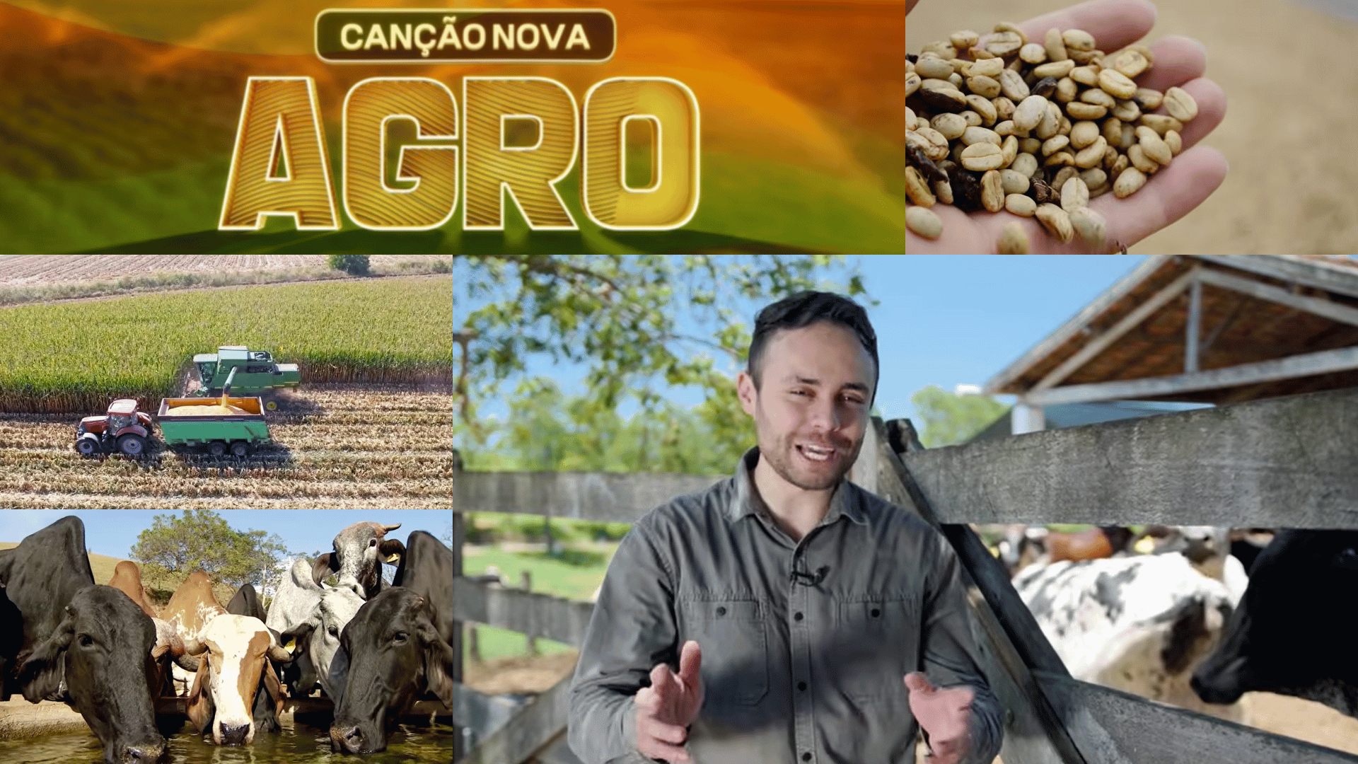 Montagem do programa Canção Nova Agro com imagens de colheita mecanizada, criação de gado, grãos nas mãos e apresentador em ambiente rural.
