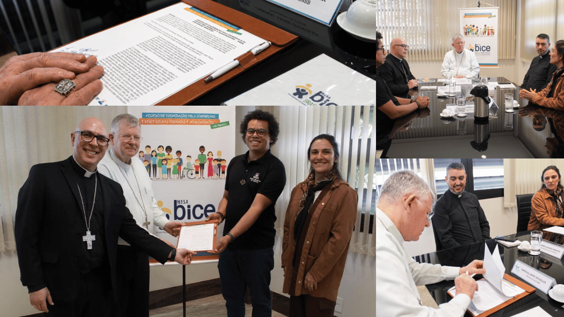 Montagem de fotos mostra assinatura de acordo de cooperação entre a CNBB e a União Marista do Brasil em defesa dos direitos de crianças e adolescentes. As imagens incluem reunião entre representantes, assinatura de documento e registro oficial do encontro.
