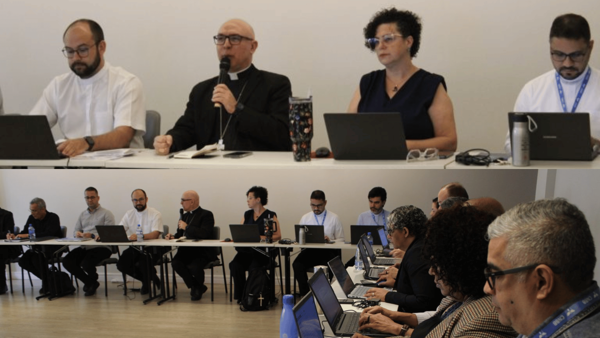 Montagem de fotos mostra encontro do Grupo de Assessores da CNBB durante atividade de formação. Participantes aparecem reunidos em uma sala de reuniões, utilizando computadores e acompanhando reflexão e formação.
