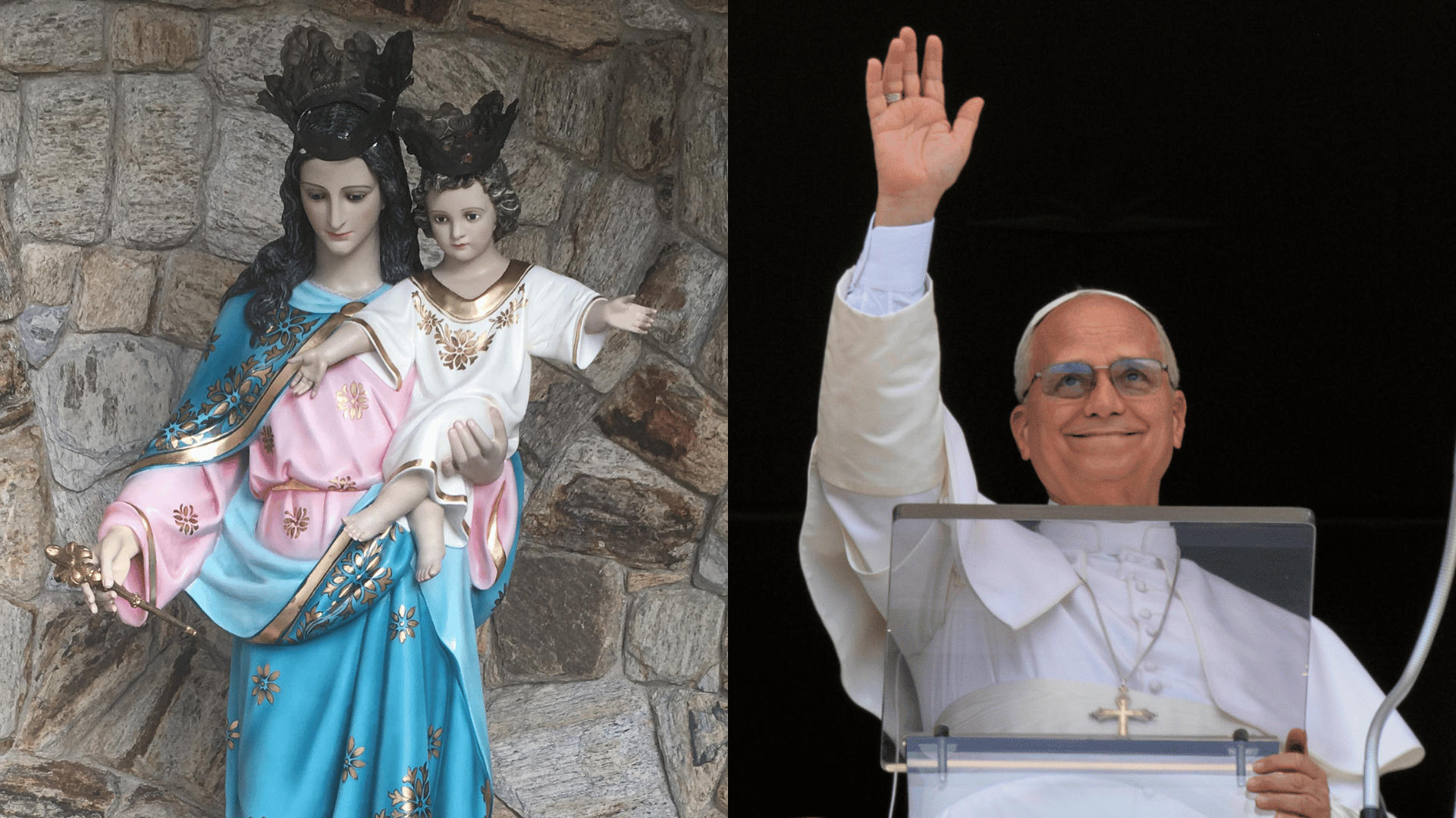 A imagem mostra uma montagem de duas fotos: à esquerda, a imagem de Nossa Senhora Auxiliadora, com o Menino Jesus no colo, e à direita, o Papa Leão XIV acenando da janela do Palácio Apostólico