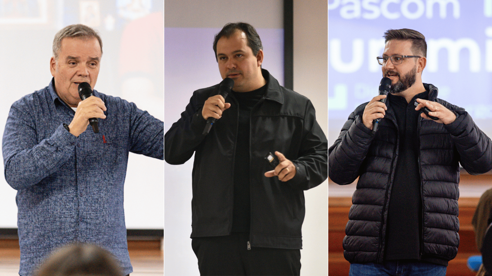 A imagem traz uma montagem de fotos com os três palestrantes do evento