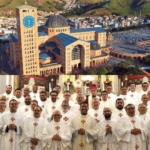 Montagem com duas imagens. Na parte superior, vista aérea do Santuário Nacional de Aparecida. Na parte inferior, os sacerdotes da Diocese de Lorena na Catedral Nossa Senhora da Piedade, localizada em Lorena (SP).
