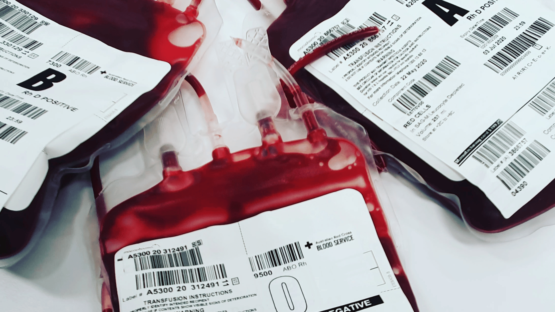 A imagem ilustra três bolsas de sangue.