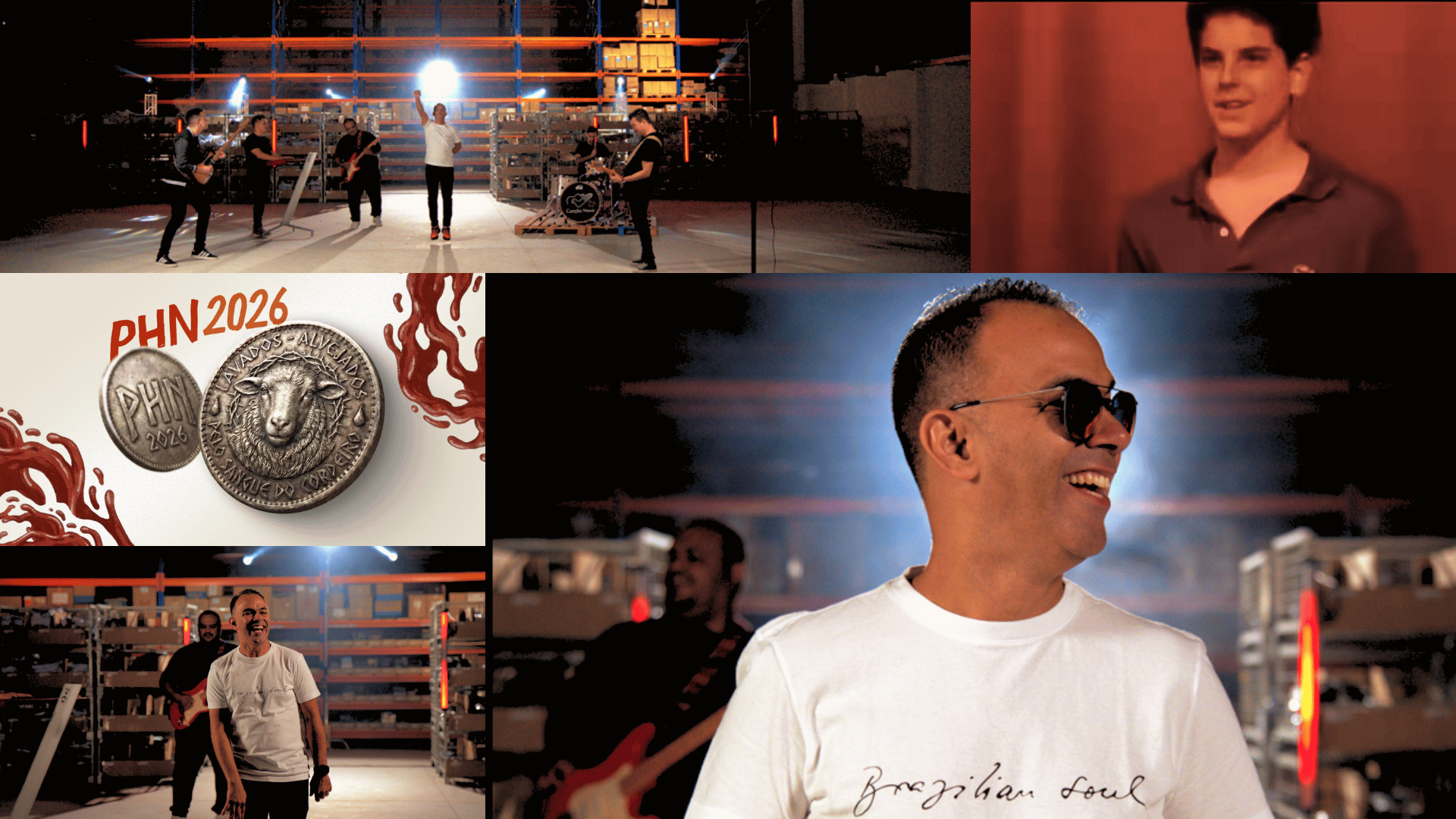 Montagem de imagens do clipe oficial da música tema do Acampamento PHN 2026. As cenas mostram a banda PHN em um espaço iluminado, Pitter Di Laura interpretando a canção, São Carlo Acutis em destaque e a medalha oficial do evento com a inscrição “PHN 2026” e a figura de um cordeiro. A composição remete ao tema “Alvejados, lavados pelo sangue do Cordeiro”.
