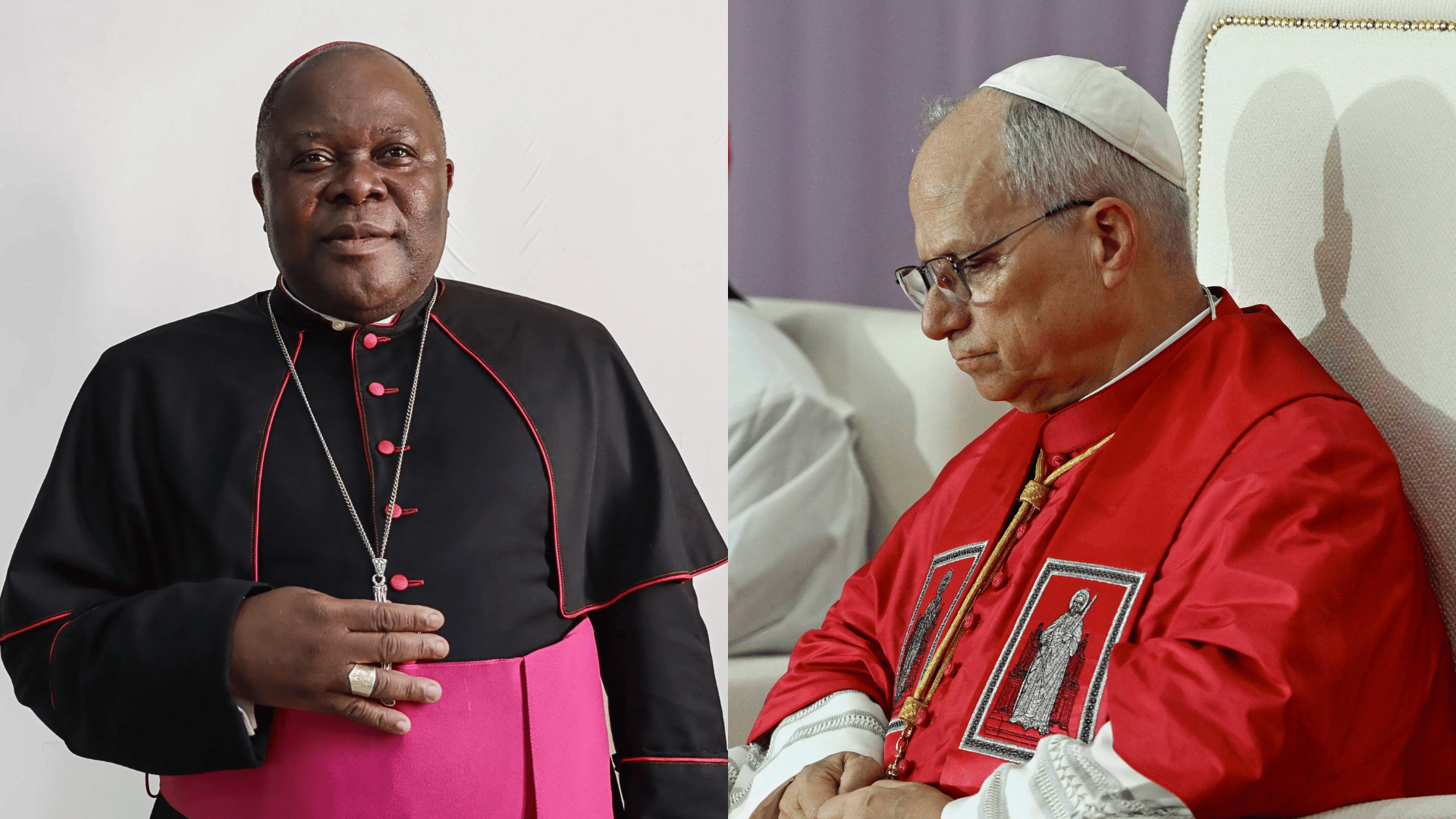 Montagem com duas fotografias lado a lado. À esquerda, Dom Osório Citora Afonso aparece em retrato oficial usando veste episcopal preta com detalhes vermelhos e faixa magenta. À direita, o Papa Leão XIV, vestido com paramentos vermelhos e solidéu branco, mantém a cabeça inclinada em atitude de oração e recolhimento. A imagem ilustra a manifestação de pesar do Pontífice pela morte do bispo moçambicano.