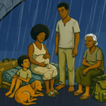 Ilustração mostra uma família migrante abrigada sob uma estrutura de proteção durante a chuva. A cena retrata uma mulher grávida, uma criança, um homem, uma idosa e um cachorro ao lado de malas e pertences, simbolizando a busca por segurança, acolhida e moradia diante da vulnerabilidade causada pelo deslocamento.