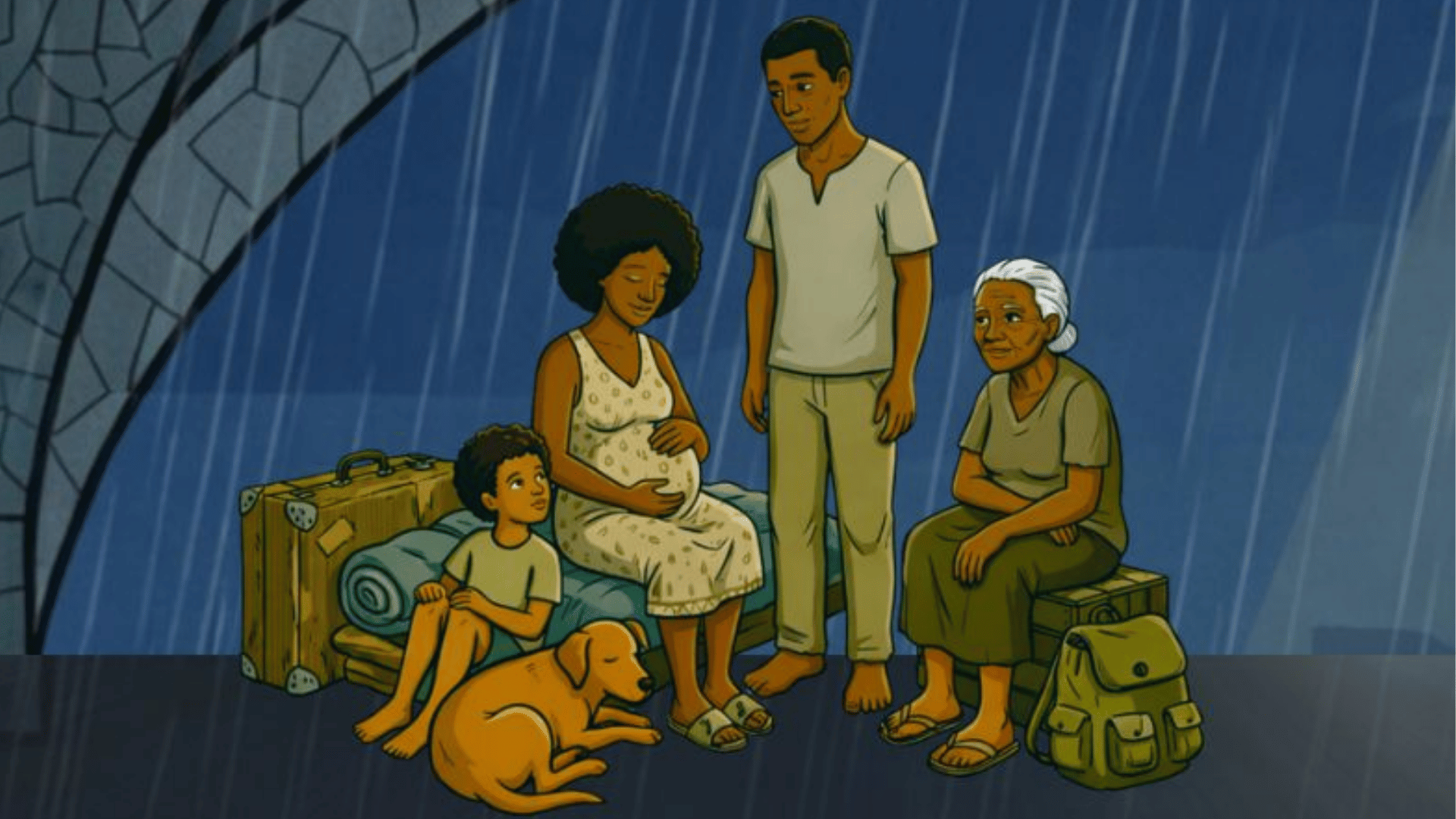 Ilustração mostra uma família migrante abrigada sob uma estrutura de proteção durante a chuva. A cena retrata uma mulher grávida, uma criança, um homem, uma idosa e um cachorro ao lado de malas e pertences, simbolizando a busca por segurança, acolhida e moradia diante da vulnerabilidade causada pelo deslocamento.