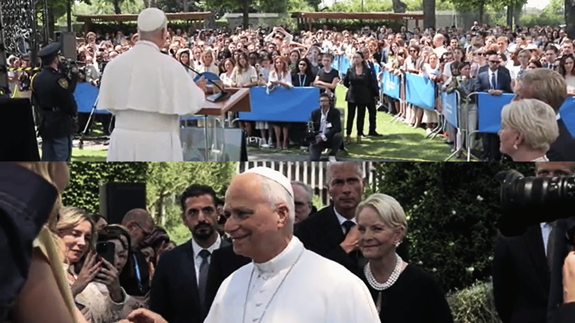 Montagem com duas imagens da visita do Papa Leão XIV à sede do Programa Alimentar Mundial. Na parte superior, o pontífice fala diante de uma multidão reunida em área externa. Na parte inferior, ele cumprimenta participantes e autoridades durante o evento, cercado por seguranças e jornalistas.
