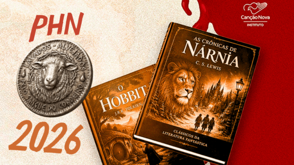 Arte de divulgação da campanha de doação de livros para o Instituto Canção Nova durante o PHN 2026, com ilustrações dos livros O Hobbit e As Crônicas de Nárnia, além de uma moeda inspirada na obra de C. S. Lewis.